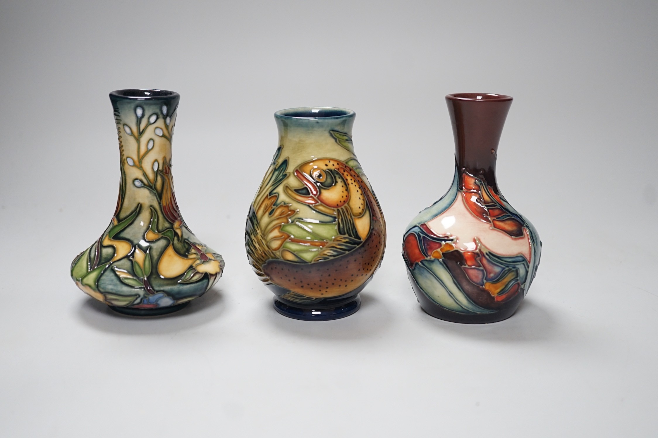 Three boxed Moorcroft vases, tallest 10. 5 cm, Trout, etc.